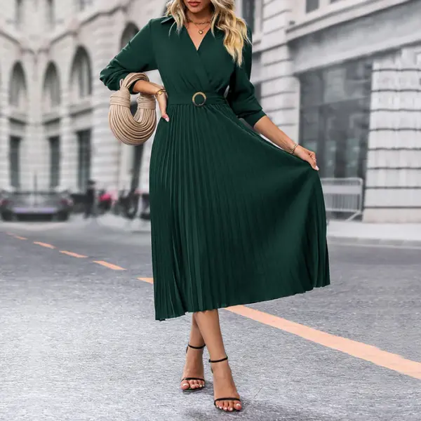Pleated long-sleeved V-neck luxury solid color maxi dress - Image 3