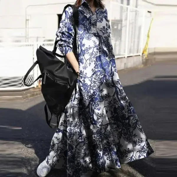 Retro ethnic style printed cotton and linen dress