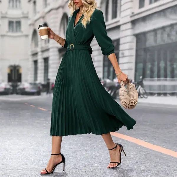 Pleated long-sleeved V-neck luxury solid color maxi dress - Image 4