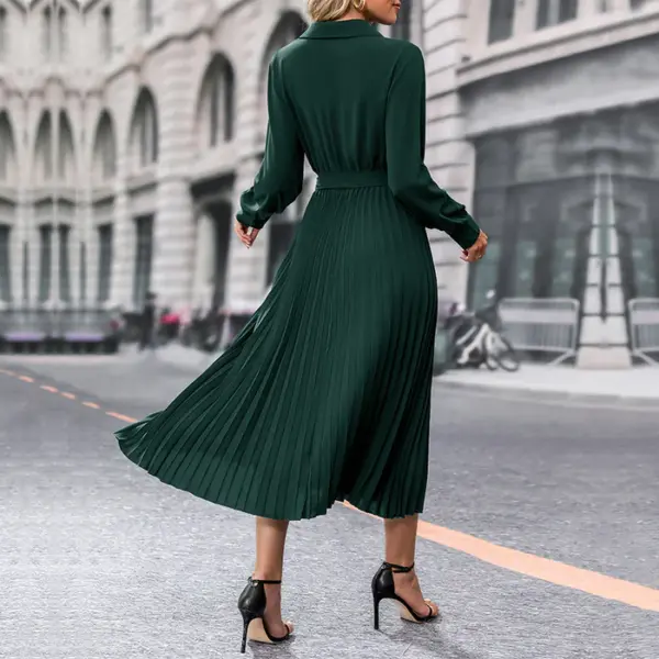Pleated long-sleeved V-neck luxury solid color maxi dress - Image 5