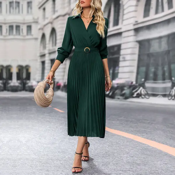 Pleated long-sleeved V-neck luxury solid color maxi dress