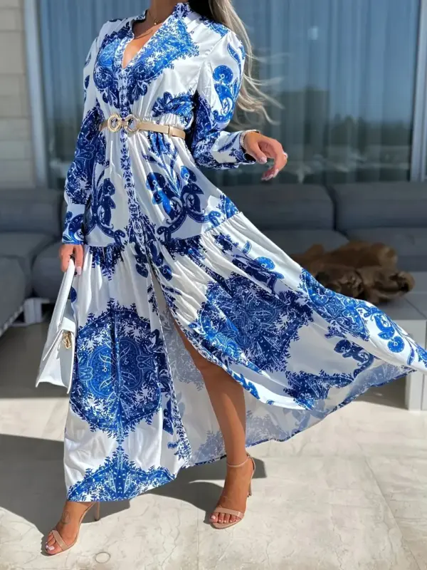 Boho style blue printed slit maxi skirt
