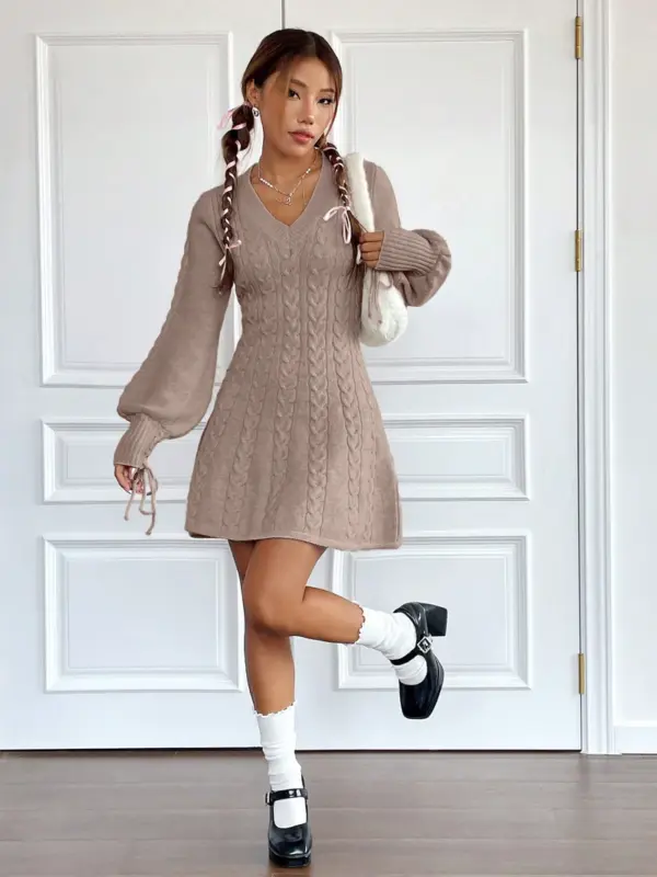 Women’s Lantern Sleeve Knitted Sweater Dress - Image 3