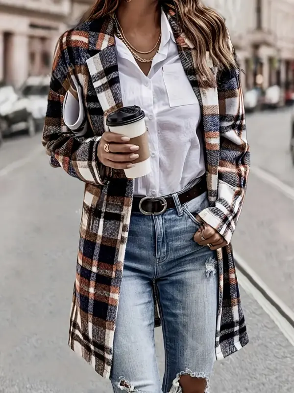 Lapel casual plaid long trench coat - Image 3