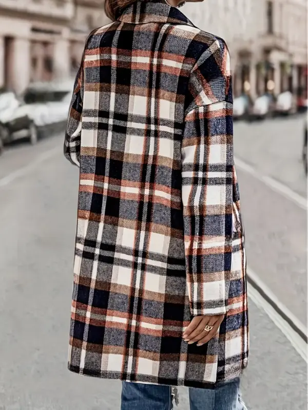 Lapel casual plaid long trench coat - Image 2