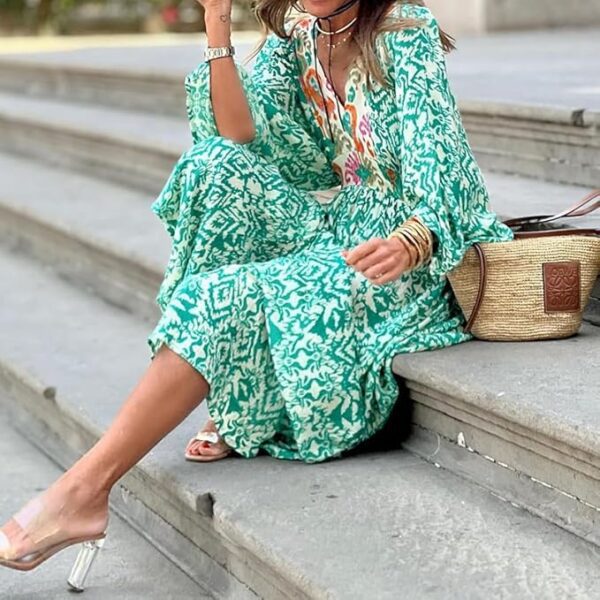 Women's casual V-neck long puff sleeve floral print dress