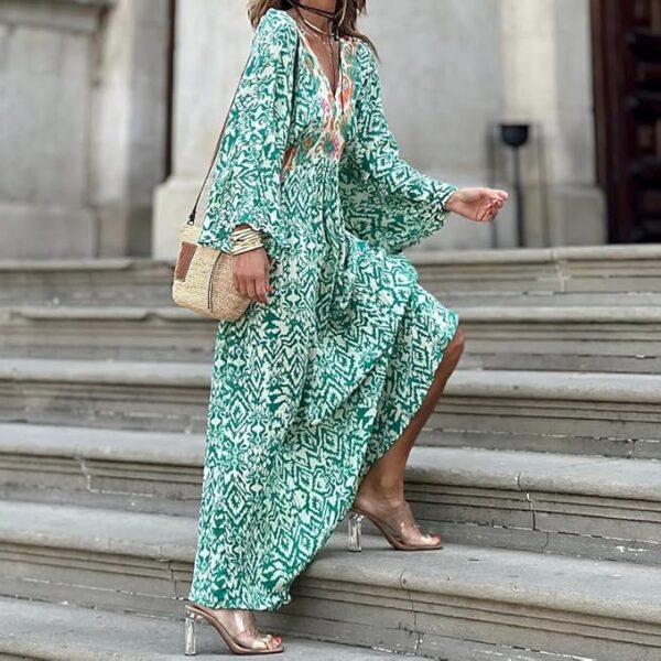 Women's casual V-neck long puff sleeve floral print dress - Image 2