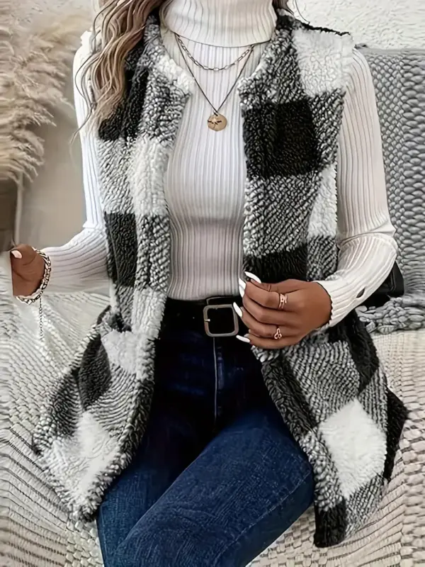 Women's Plaid Sleeveless Vest Jacket - Image 3