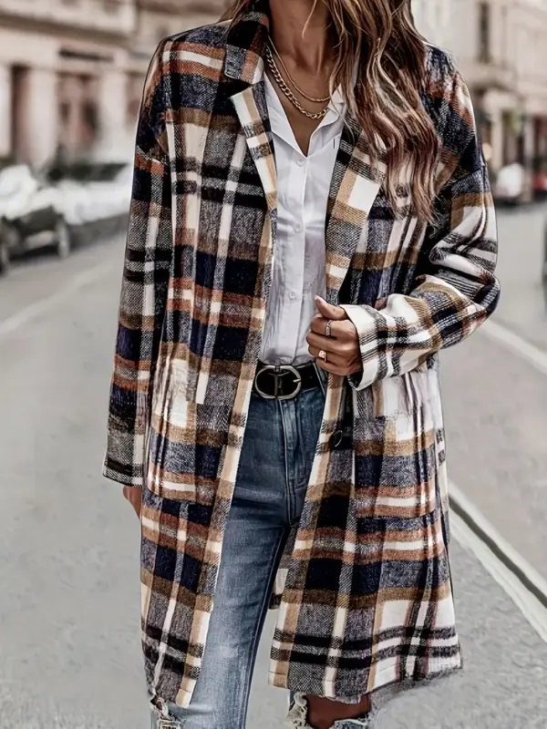 Lapel casual plaid long trench coat