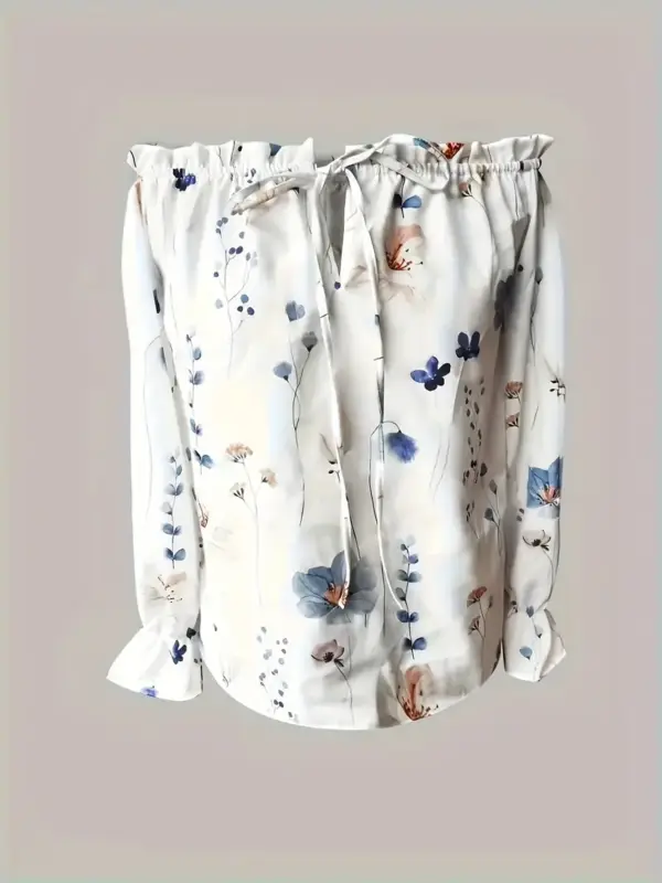Printed Off Shoulder Bell Sleeve Shirt - Image 2