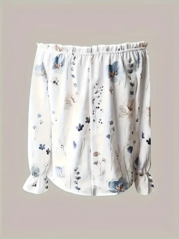 Printed Off Shoulder Bell Sleeve Shirt - Image 3