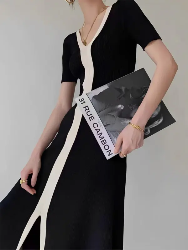 Two Tone V-Neck Knit Slit Midi Dress - Image 2