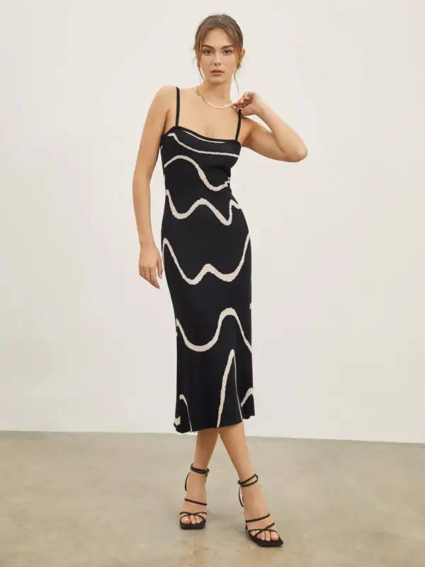 Wavy Print Strap Midi Dress