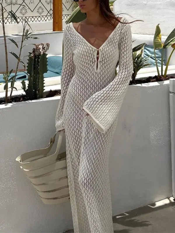 Cover Up Long Sleeve Open Back Long Dress - Image 3