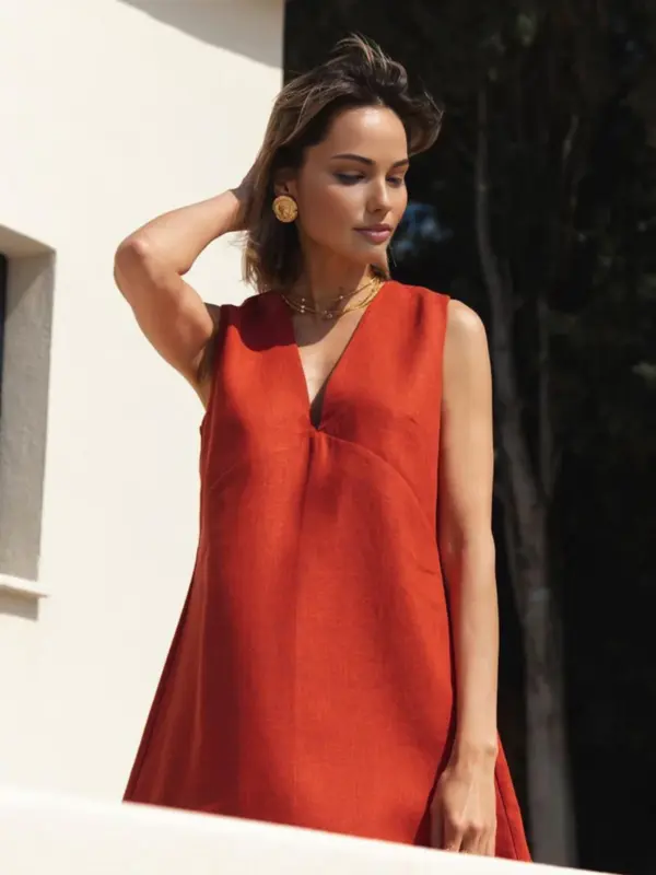 Cotton & Linen V-Neck Short Dress - Image 3