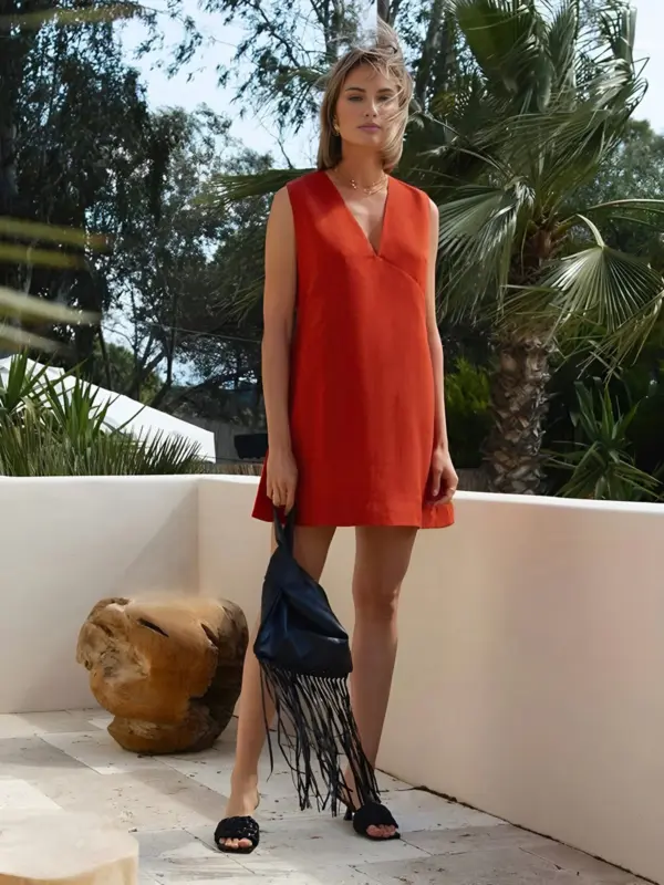 Cotton & Linen V-Neck Short Dress - Image 5