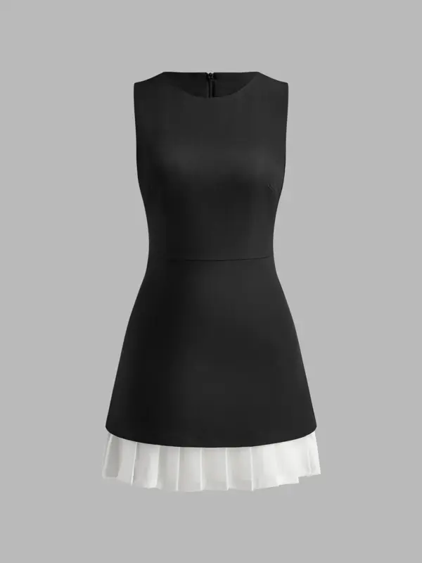 Two-Tone Sleeveless Pleated Short Dress - Image 4