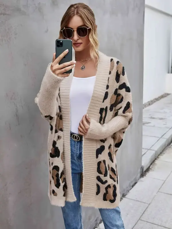 Women's knitted cardigan, leopard print long sleeve