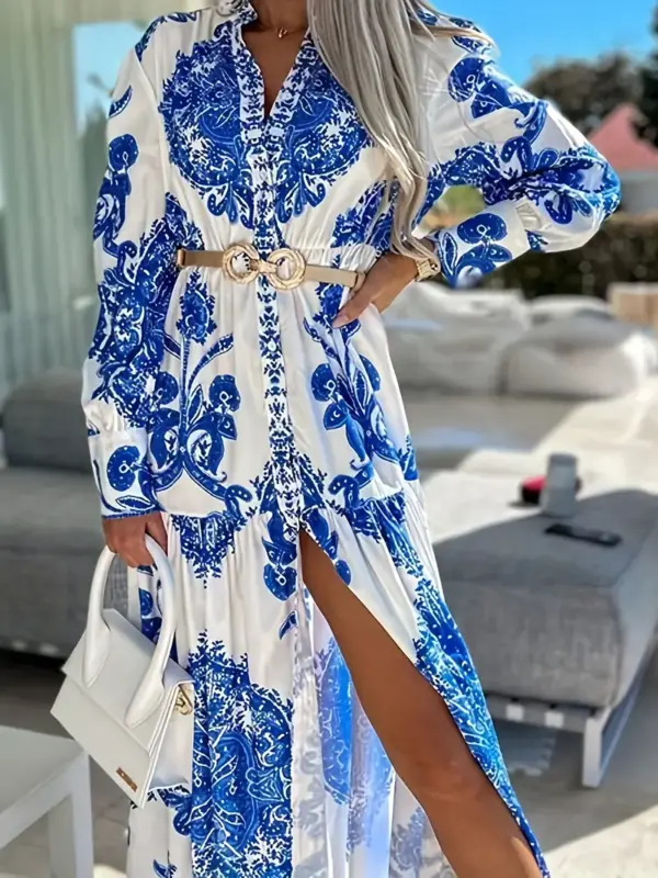 Boho style blue printed slit maxi skirt - Image 3