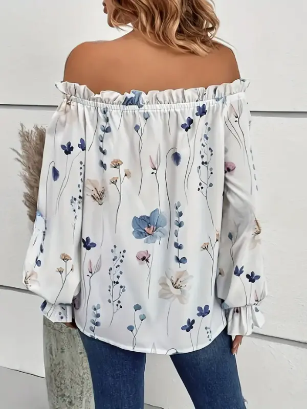 Printed Off Shoulder Bell Sleeve Shirt - Image 4