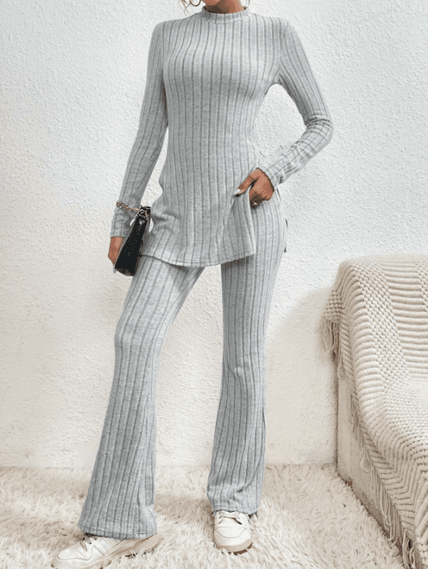 Stand-collar T-shirt and slit-hem trousers