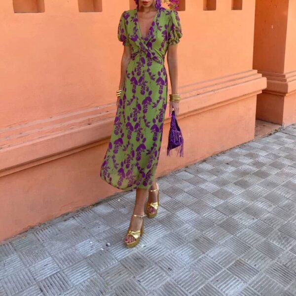 Printed long dress slim v-neck European and American dress for women - Image 4