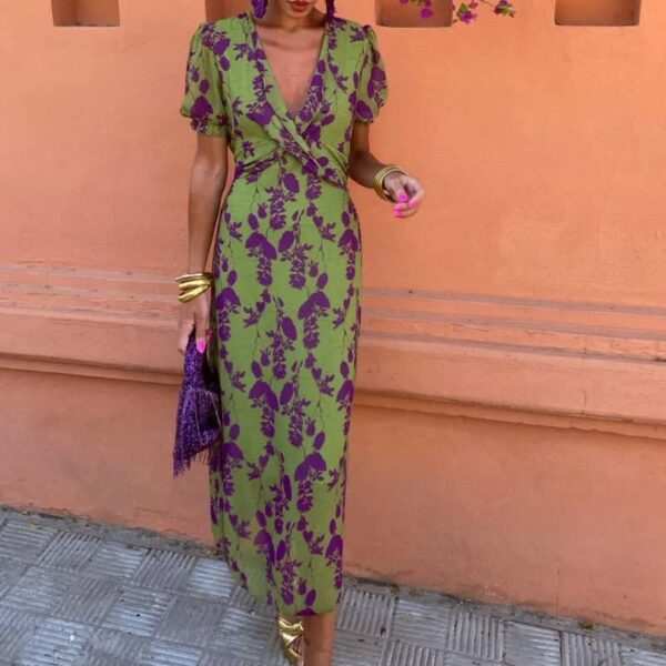 Printed long dress slim v-neck European and American dress for women