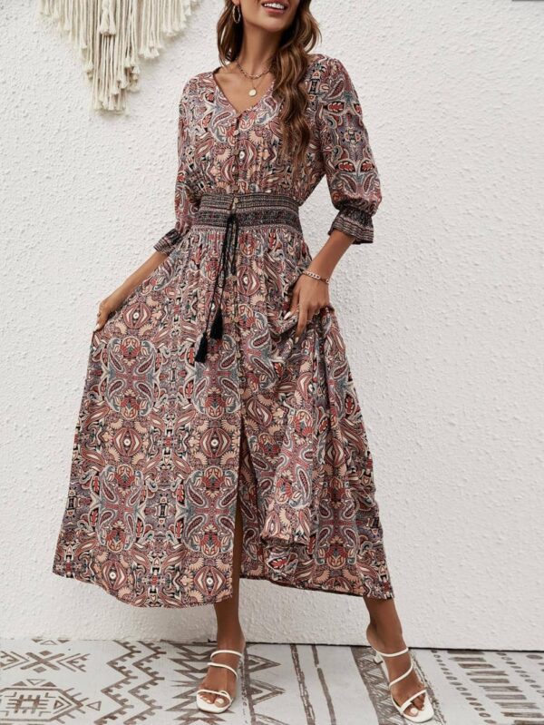 Women's 2025 Spring and Autumn Three-quarter Sleeve Waist Bohemian Dress Holiday Style Beach Dress - Image 3