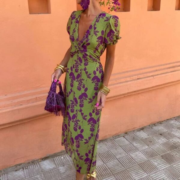 Printed long dress slim v-neck European and American dress for women - Image 3