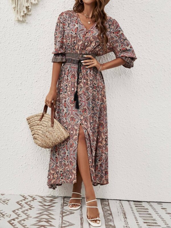 Women's 2025 Spring and Autumn Three-quarter Sleeve Waist Bohemian Dress Holiday Style Beach Dress