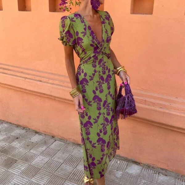 Printed long dress slim v-neck European and American dress for women - Image 2