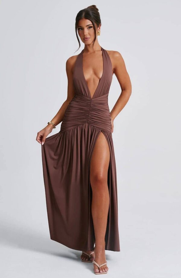 Fashionable and elegant backless dress with slits and straps