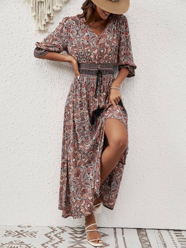 Women's 2025 Spring and Autumn Three-quarter Sleeve Waist Bohemian Dress Holiday Style Beach Dress - Image 2