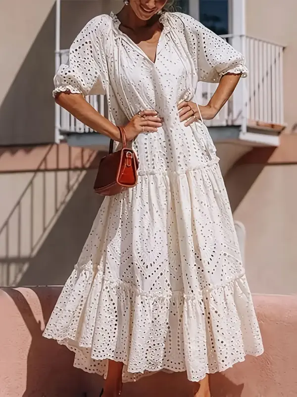 Elegant balloon sleeve tie dress - Image 3