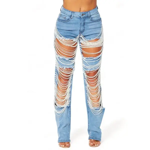 2025 pearl ripped denim pants