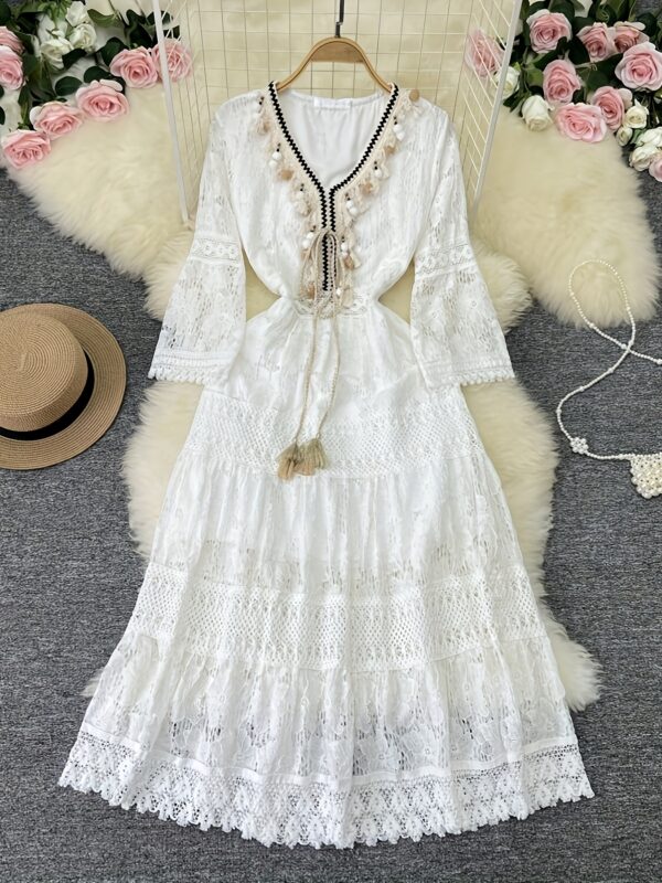 Retro V-neck hollow long skirt fashionable splicing lace beach skirt dress