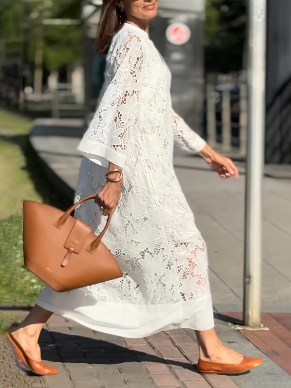 Lace V-neck bell sleeve loose midi dress - Image 5