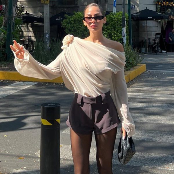Off-shoulder chiffon slim fit T-shirt
