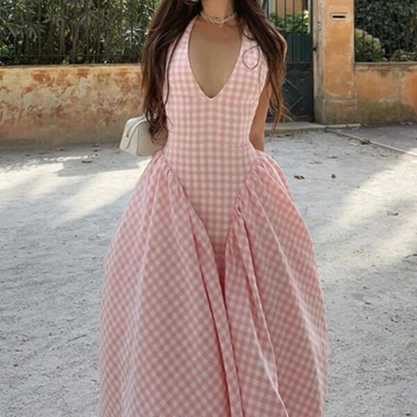 V-neck pleated waist French dress - Image 4
