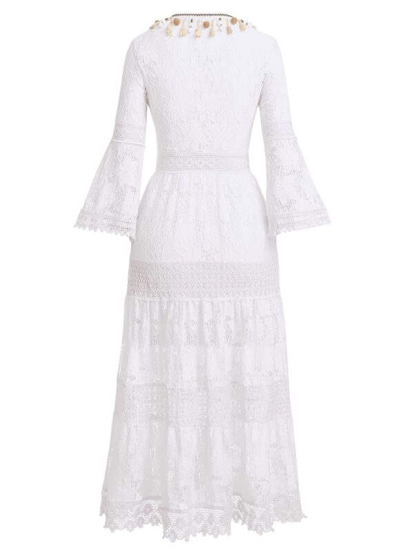 Retro V-neck hollow long skirt fashionable splicing lace beach skirt dress - Image 3
