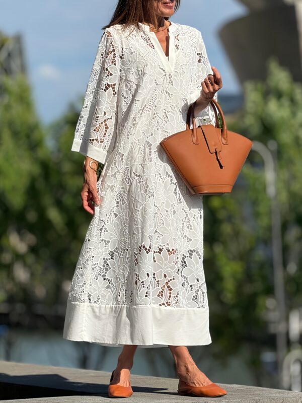 Lace V-neck bell sleeve loose midi dress