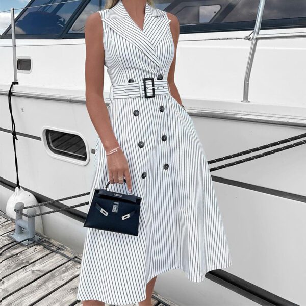 Temperament striped V-neck sleeveless mid-length dress - Image 3