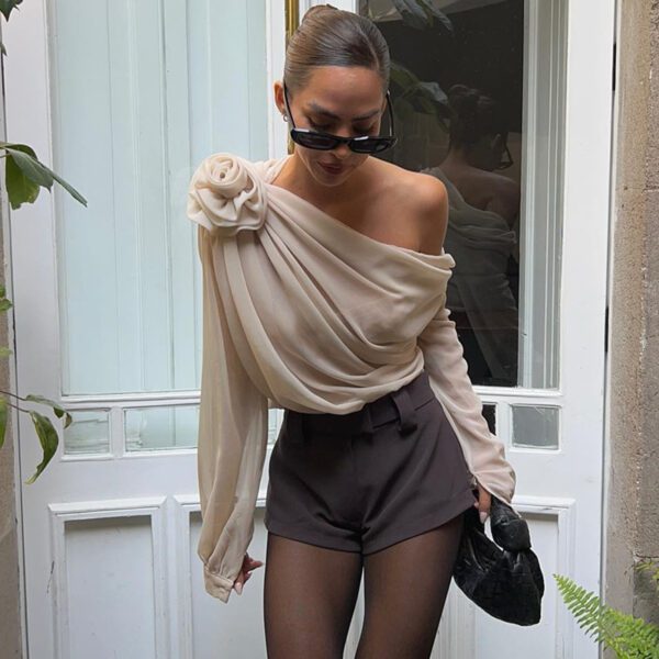Off-shoulder chiffon slim fit T-shirt - Image 2