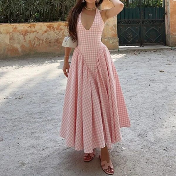 V-neck pleated waist French dress - Image 3