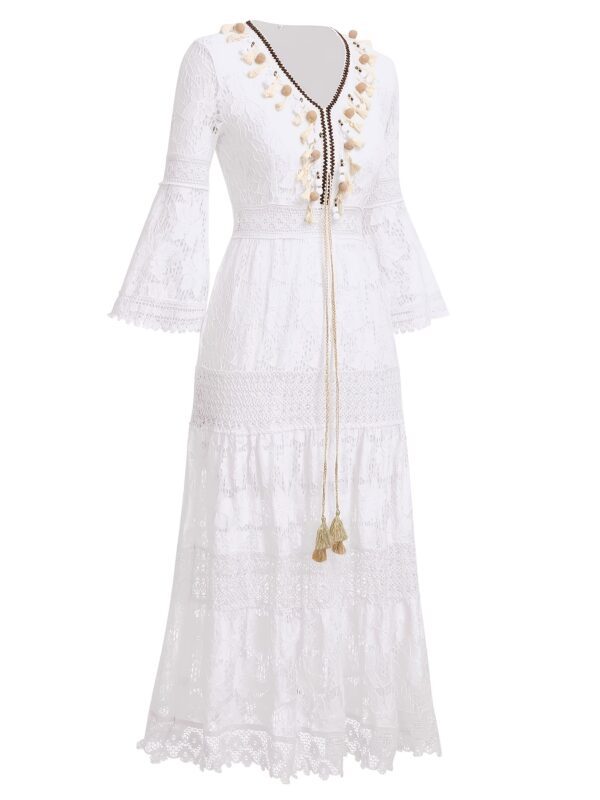 Retro V-neck hollow long skirt fashionable splicing lace beach skirt dress - Image 4
