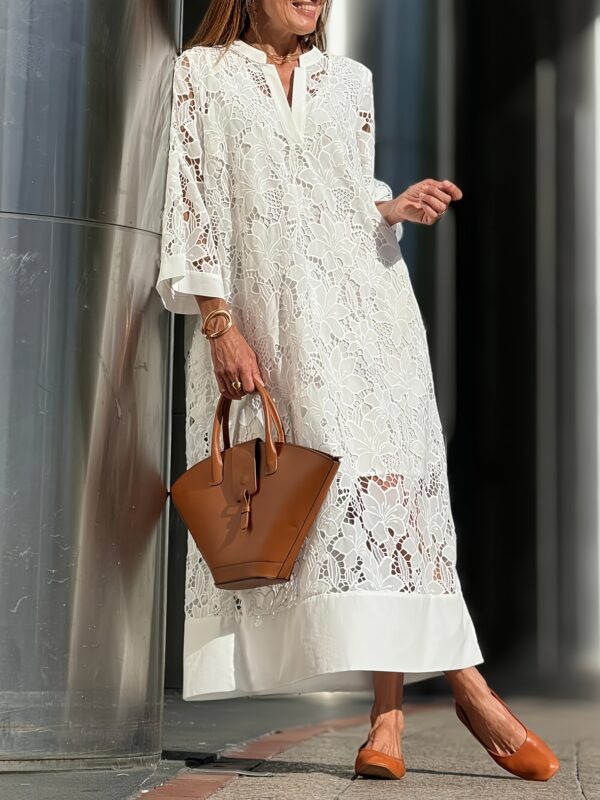 Lace V-neck bell sleeve loose midi dress - Image 4
