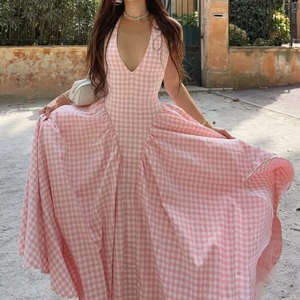 V-neck pleated waist French dress