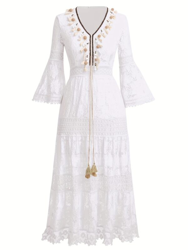 Retro V-neck hollow long skirt fashionable splicing lace beach skirt dress - Image 2