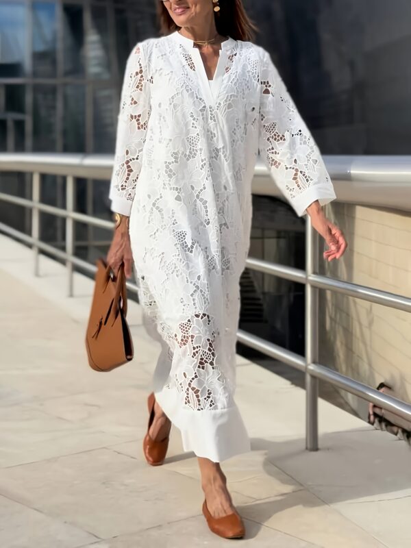 Lace V-neck bell sleeve loose midi dress - Image 3